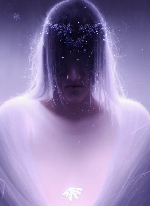 Image similar to a beautiful majestic white queen with snowflakes on her hair, glowing light orbs, intricate concept art, elegant, digital painting, smooth, sharp focus, misty, deep colors, illuminated lines, outrun, vaporware, dark background, cyberpunk darksynth, ethereal, ominous, misty, 8 k, rendered in octane, by ruan jia and miho hirano and jeremy mann