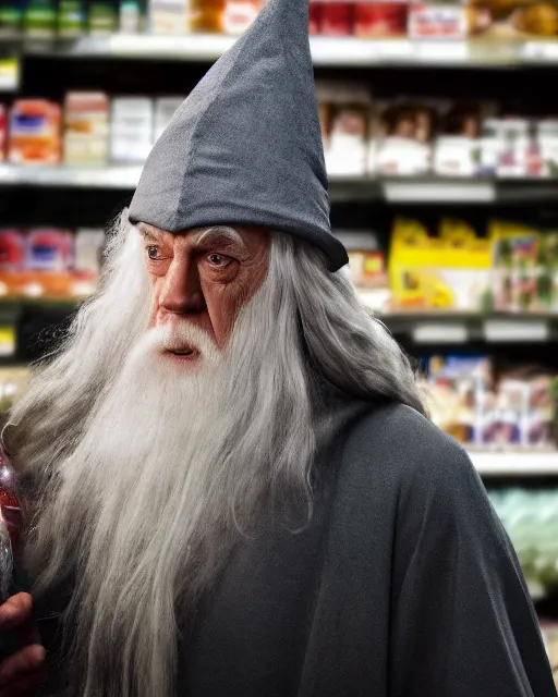 Prompt: gandalf wearing a wizard hat, stacking supermarket shelves, cinematic lighting, gloomy, depressing