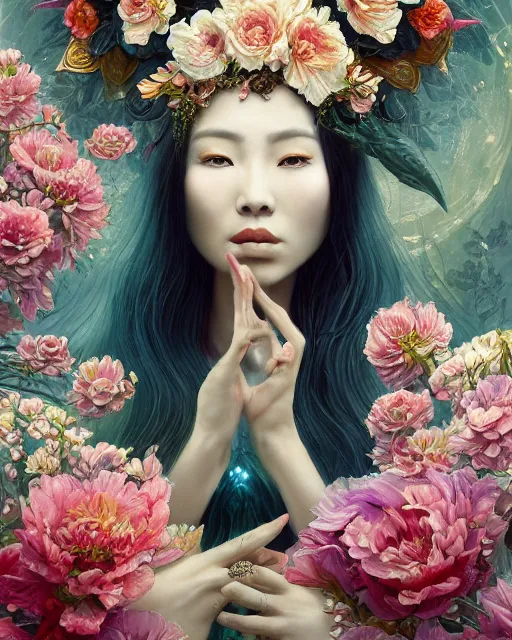 Prompt: portrait of the chinese queen of the underworld, surrounded by flowers by karol bak, james jean, tom bagshaw, rococo, sharp focus, trending on artstation, cinematic lighting, hyper realism, octane render, 8 k, hyper detailed.