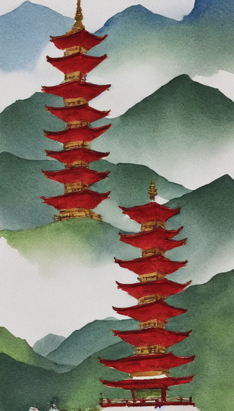 Prompt: watercolour painting of a pagoda, green and red accents, tea drinking, mountains in background