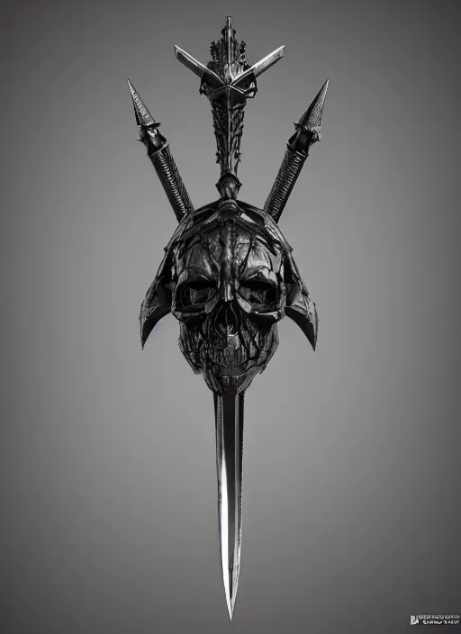 Prompt: a black great sword mini skull crest, orthographic, ornament, weapon, a 3 d render by dom qwek, front side, concept art, trending on polycount, artstation, hard surface modeling, rendered in maya, zbrush, blender, hd, vray, berserk, symmetry