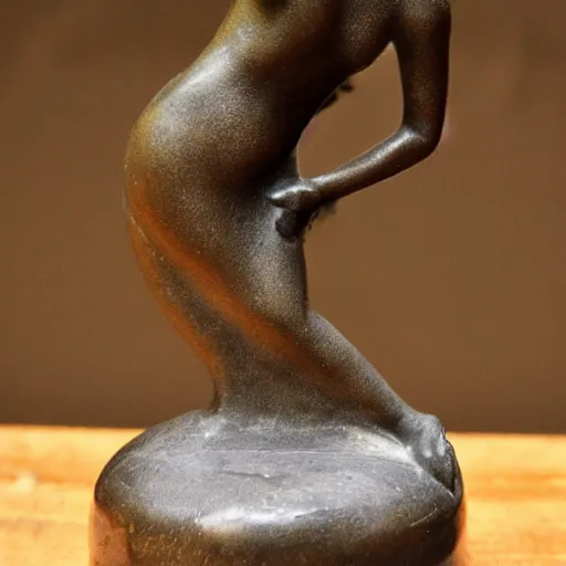 Image similar to antique 1930s France art deco. bronze figurine of a woman dancing. on marble base. by Briand Marcel Bouraine. 30cm. high detail photograph. studio