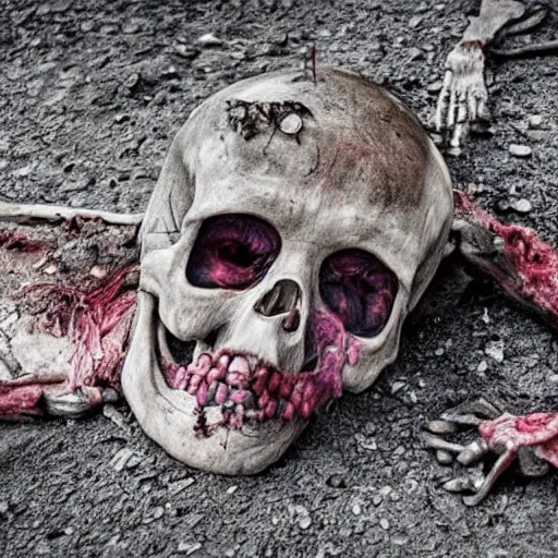 Image similar to skeleton in the fetal position, deep bleeding decaying colors