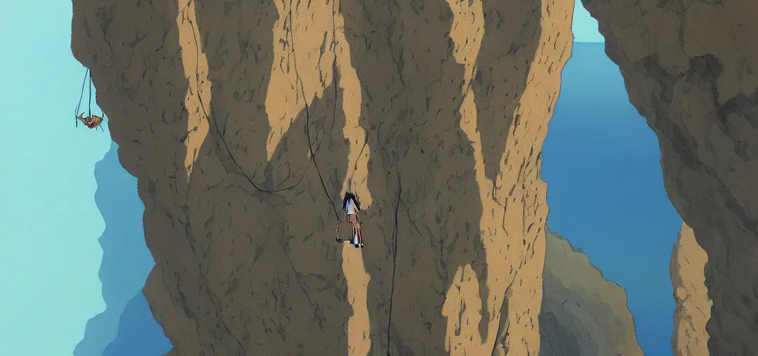 Prompt: a detailed painting of a single woman hanging from the side of a cliff overlooking the end of the world by Studio Ghibli trending on ArtStation