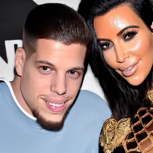 Prompt: a commemorative plate featuring kim kardashian and pete davidson