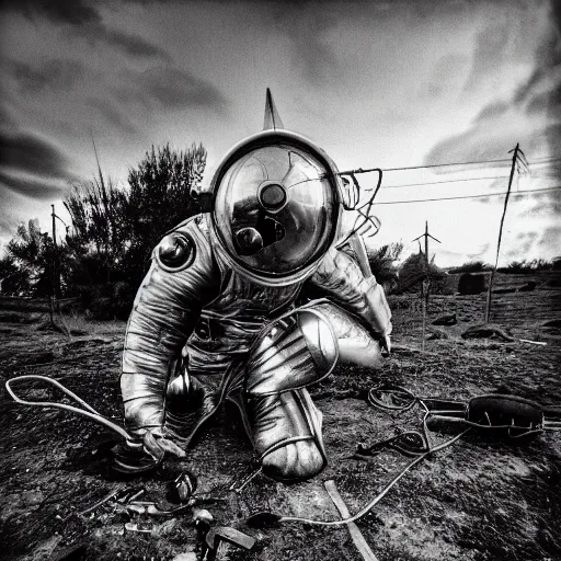 Image similar to wide angle photo of viking wearing space suit helmet and viking armor working on the antigravity gun ancient device, tools and junk on the ground,wires and lights, old village in the distance, vintage old photo, black and white, sepia