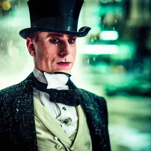 Image similar to cinestill 5 0 d candid photographic portrait by david cronenberg of baroque steampunk cyborg gentleman wearing an edwardian suit and top hat, modern cyberpunk moody emotional cinematic, closeup, pouring rain menacing lights shadows, 8 k, hd, high resolution, 3 5 mm, f / 3 2, ultra realistic faces, ex machina