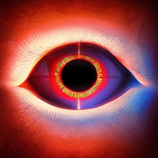 Image similar to the eye of sauron, trending on artstation, trending on deviantart, backlight, orange light, blue shadows, pink reflections