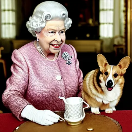 Prompt: paparazzi photo of queen elizabeth sipping on a gin martini with her corgis who are also sipping gin martinis, the corgis are wearing sweaters, royal palace interior, natural sunlight, soft focus, highly detailed