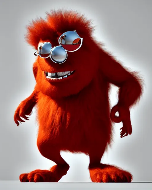 Prompt: 3 d render of completely red hairy friendly antropomorphic creature wearing chrome shades, without nose, grinning, full body, standing on 2 feet, in the style of pixar, white background, unreal engine 5, octane render, highly detailed hdr