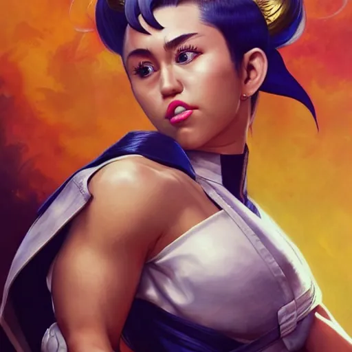 Image similar to miley cyrus as chun li from street fighter, high kick 4 k, ultra realistic, detailed focused art by artgerm and greg rutkowski and alphonse mucha