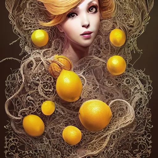 Image similar to the portrait of an absurdly beautiful, graceful, elegant, sophisticated, mature vixen made up of lemons looking up, an ultrafine hyperdetailed illustration by kim jung gi, irakli nadar, intricate linework, bright colors, octopath traveler, final fantasy, unreal engine 5 highly rendered, global illumination, radiant light, detailed and intricate environment