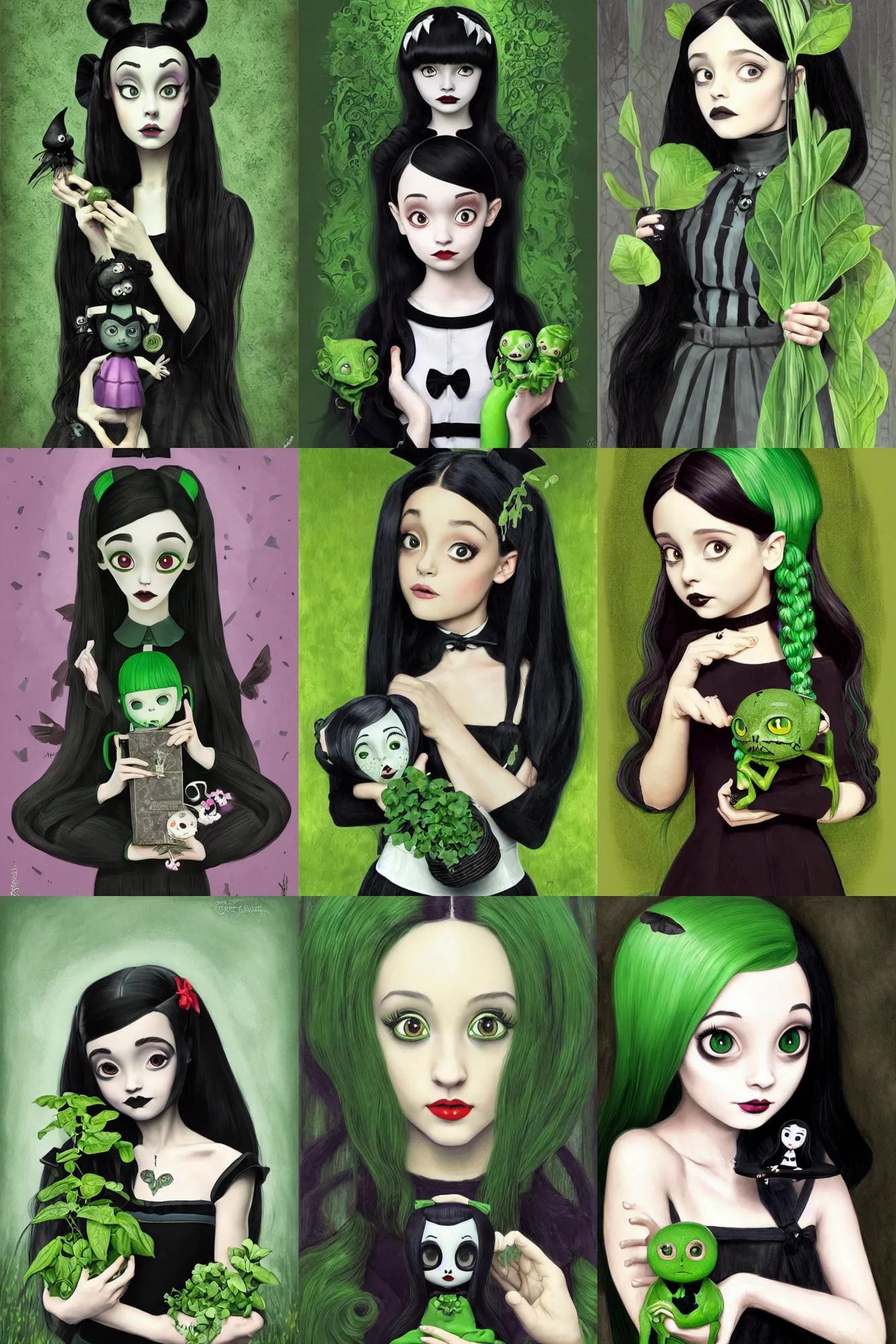 Prompt: beautiful cottagecore Ariana Grande as Wednesday Addams holding a Coraline doll, Black Hair, Goth, gothic, green hair, green plants, intricate, elegant, highly detailed, digital painting, artstation, concept art, smooth, sharp, focus, illustration, art by artgerm and greg rutkowski and alphonse mucha