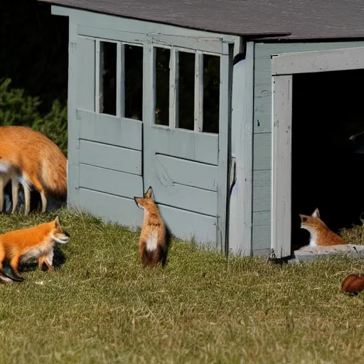 Prompt: a fox guarding a hen house