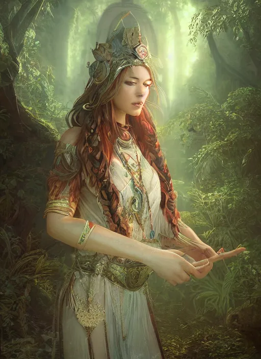 Image similar to Beautiful art portrait of a female fantasy priestess in a bright temple surrounded by lush forest, atmospheric lighting, intricate detail, cgsociety, hyperrealistic, octane render, RPG portrait, ambient light, dynamic lighting