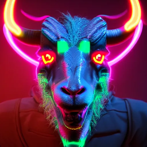 Image similar to synthwave demonic scary goat face with neon horns, detailed face, sharp focus, synthwave art, aesthetic, octane render, raw, cinematic