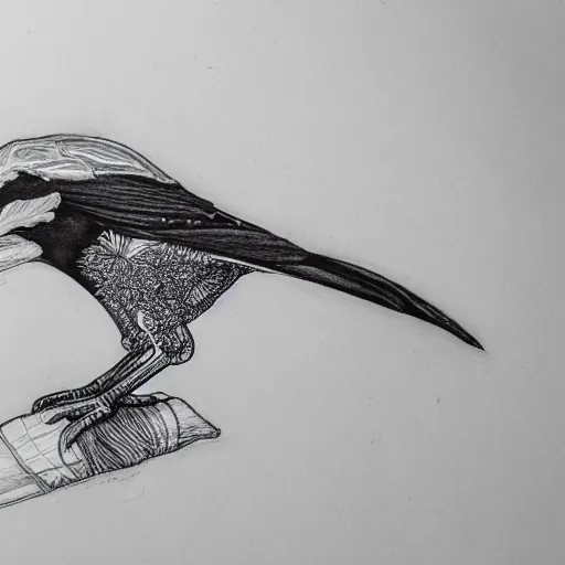 Image similar to magpie, detailed intricate sketch, 4k, illustration, cross hatched, black ink on white paper