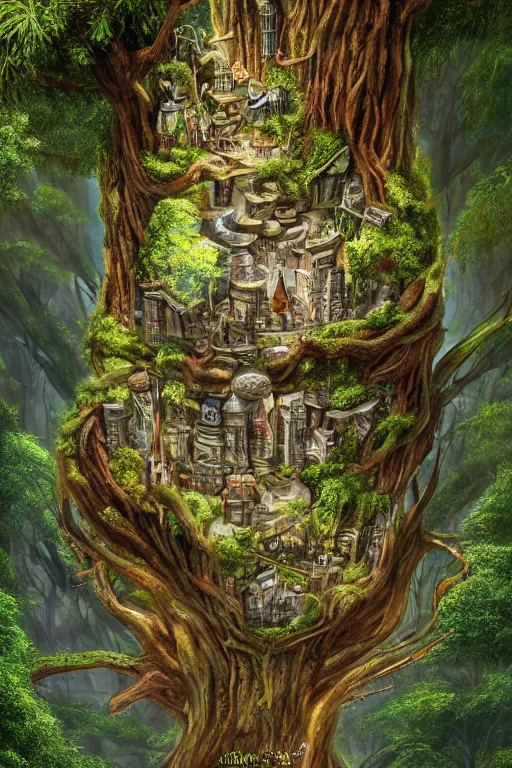 Prompt: fantasy art of a miniature city built into the trunk of a single colossal tree in the forest, close - up, low angle, wide angle, awe - inspiring, highly detailed digital art