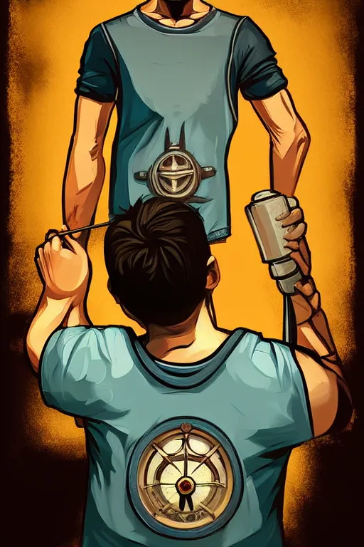 Prompt: boy with singlet tshirt and towel on shoulder. bioshock art style, grand theft auto chinatown art style, pop art, dynamic proportional, digital painting, artstation, concept art, smooth, sharp focus, illustration, intricate, hyperdetails, art by richard hamilton and mimmo rottela, pixels art by paul robertson