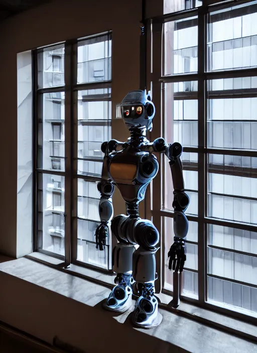 Image similar to Industrial style humanoid robot wearing human clothes, drinking a cup of coffee, standing in front of his apartment window looking outside, global illumination, radiant light, detailed and intricate environment