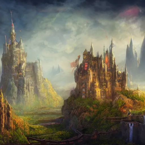 Image similar to Donald trump, perfect fces. | background = fantasy art landscape, fantasy city, fantasy kunst, fantasy castle, fantasy house, architecture mystery, artstation, house illustration