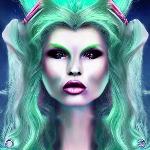 Image similar to Glam hair, 80s hair, Elf girl with blue skin, alien skin, blue elf, blue, blue-skinned elf, green hair, hairspray, big hair, wild hair, glam make-up, 80s, illustration, fantasy art, trending on ArtStation, 1980s fantasy art