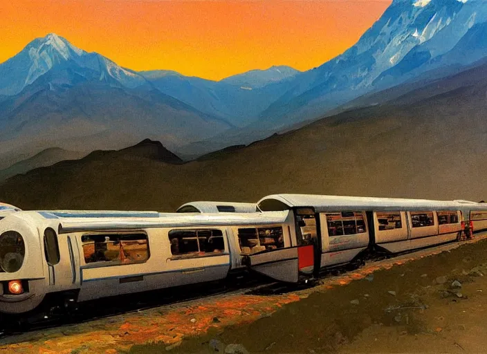 Prompt: illustration of the santiago metro at full speed with the andes mountain range in the background at sunset by john berkey and edward hopper