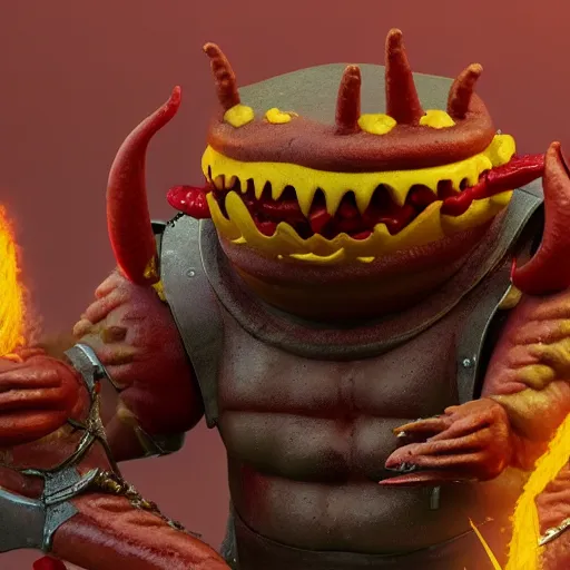 Prompt: a warrior fighting a giant hotdog demon that spits mustard. eldenring boss, zbrush, arnold render, unrealengine 5, dark souls, horror, extremely detailed