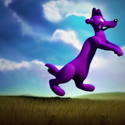 Prompt: a beautiful 3d render of a purple dog dancing, in the style of disney, dramatic clouds in background, the dog is doing a ballet dance, highly detailed, 8k resolution