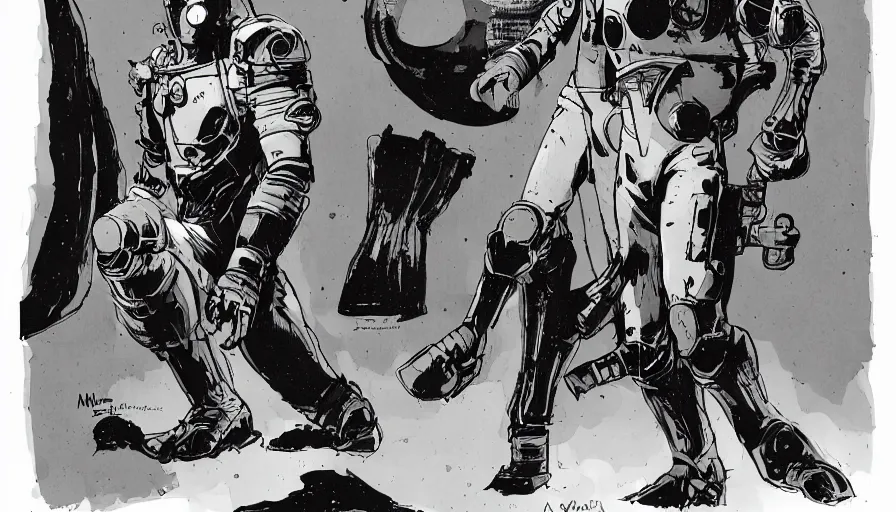 Image similar to male, heroic figure, space suit, science fiction, sketch, character sheet, very stylized, upa style, digital art, illustration, pen and ink, by mike mignola, by alex maleev