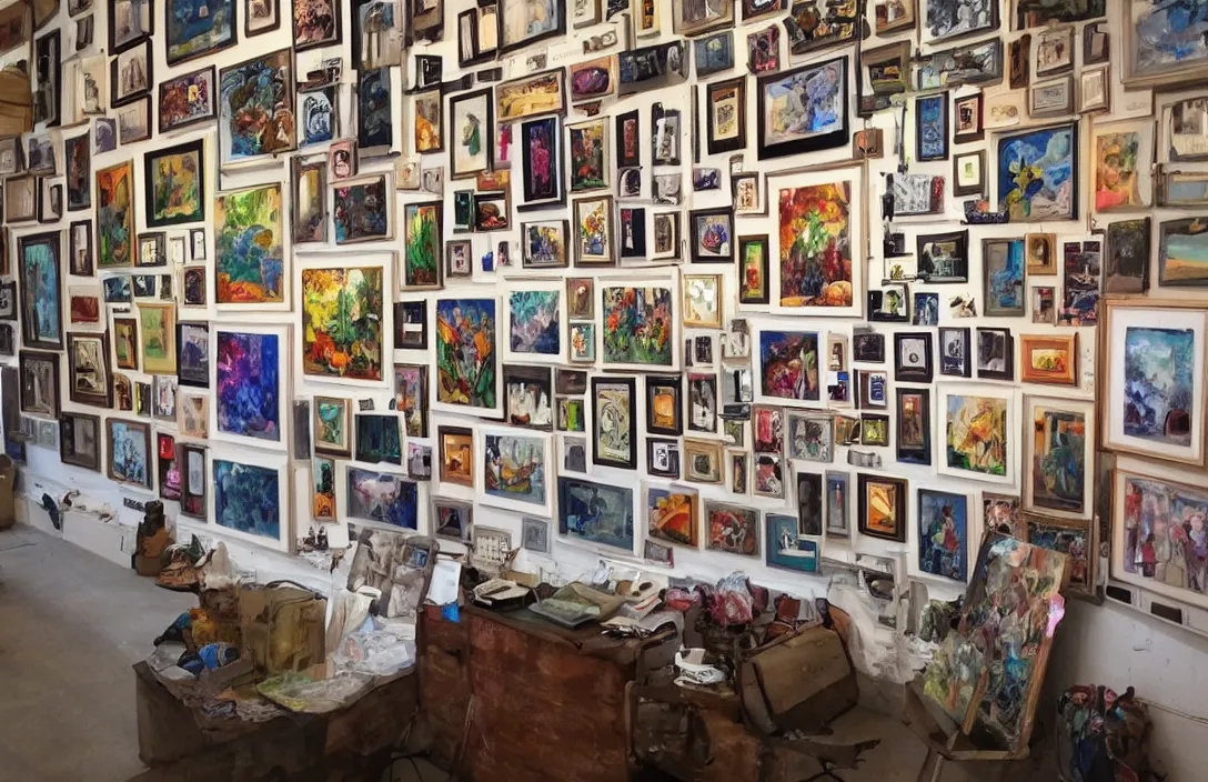 Prompt: wall full of beautiful paintings
