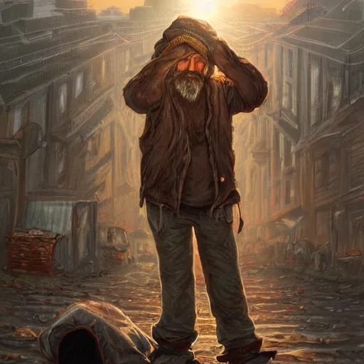 Image similar to clear portrait of homeless guy, adorable appearance!!!, golden hour, happy apearance, cottagecore!!, background hyper detailed, character concept, full body, dynamic pose, intricate, elegant, highly detailed, digital painting, artstation, concept art, smooth, sharp focus, illustration, art by artgerm and greg rutkowski and alphonse mucha