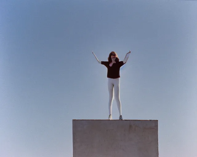 Image similar to a still of a young woman standing on a huge concrete white deck, high above the ground, of a minimalist beach house, outside view, low angle, clear sky and background, in the music video Wrapped Around your Finger (1983)