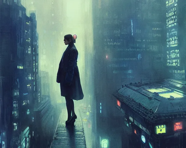 Image similar to 2 0 1 8 blade runner movie still girl look at the cityscape from roof perfect face fine realistic face pretty face neon puffy jacket blue futuristic sci - fi elegant by denis villeneuve tom anders zorn hans dragan bibin thoma greg rutkowski ismail inceoglu illustrated sand storm alphonse mucha