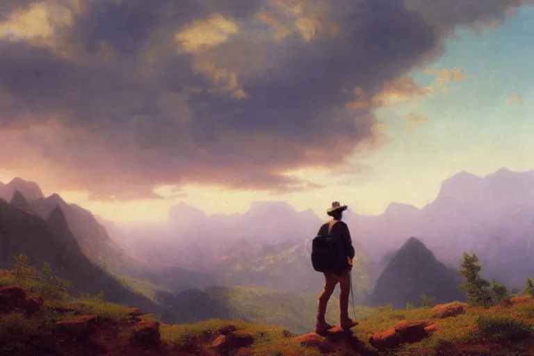 Image similar to a traveler wandering trough the mountains looking at the clouds, very detailed, focused, oil painting, cinematic lighting, albert bierstadt, trending on artstation, colorful, canvas, sunset, hans dahl, theodor kittelsen, hermann hendrich, national geographic, Konstantin Yakovlevich Kryzhitsky, greg rudkowski, beautiful nature, breathtaking