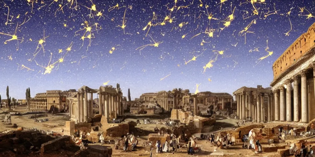 Image similar to meteorites falling from the sky on ancient rome