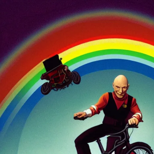 Image similar to Captain Picard riding on a rainbow, highly detailed