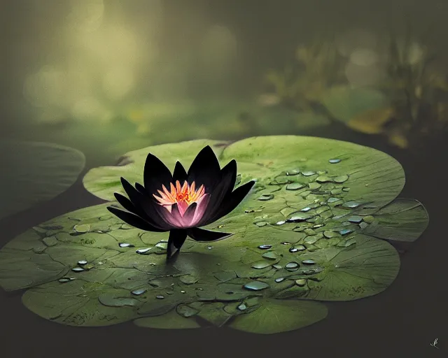 Image similar to black lotus flower, in forest, bokeh depth of field, illustration, by ( kieran yanner ) ( miranda meeks ) ( anna podedworna ) ( cristi balanescu ), digital art