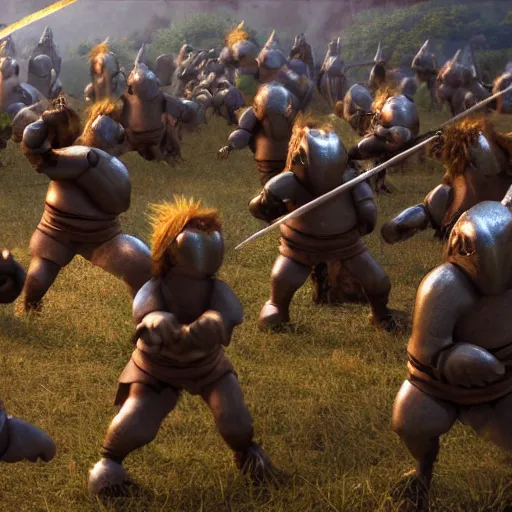 Image similar to action scene of trolls fighting against knights, still from a movie by stanley kubrik, cinematic, hyperreal, intense, highly textured, wide angle, insanely detailed, god rays, 3 5 mm, shallow depth of field