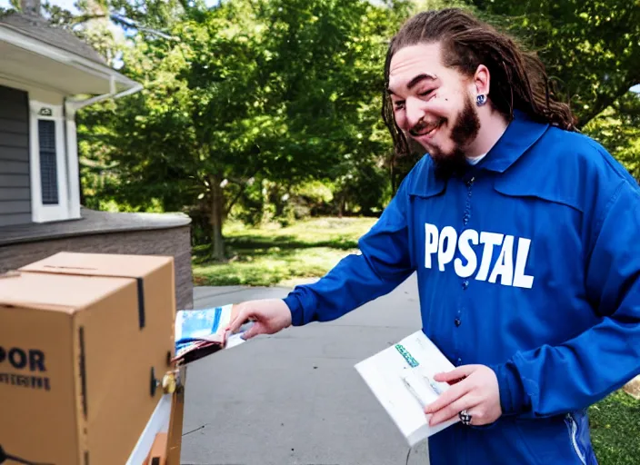 Image similar to dslr photo still of post malone as a postal worker mailman putting letters in mailbox and delivering packages to door, 8 k, 8 5 mm f 1 6