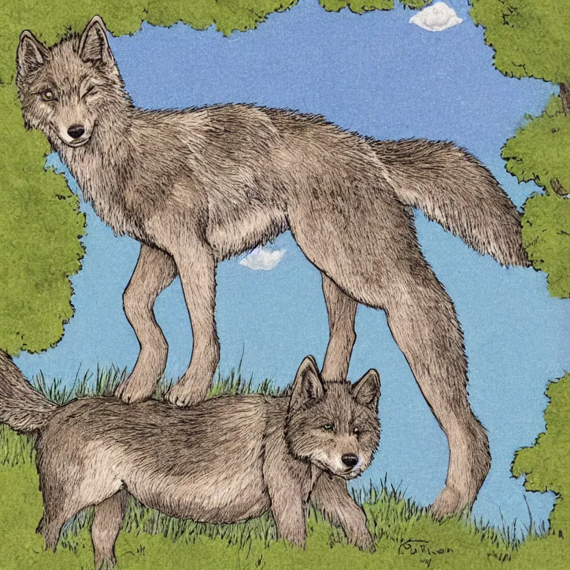 Image similar to one baby wolf on a hill illustrated by Don Freeman in the style of Corduroy