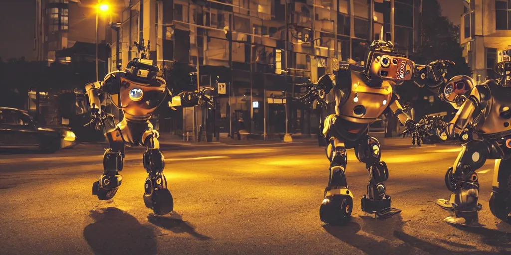 Prompt: two robots with chainsaw arms fighting in downtown at night