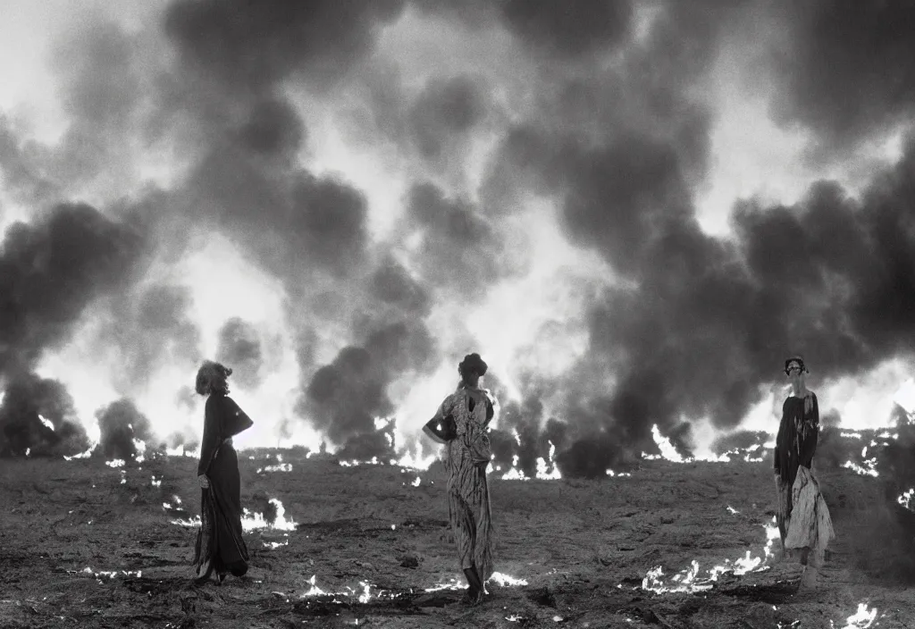 Image similar to fashion editorial in Kuwait oil fields burning fire burning. 1991. highly detailed. depth of field. high definition. 8k. photography.