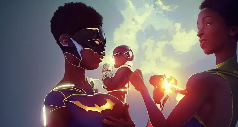 Image similar to “ a very very very very very beautiful realistic still of a stunningly beautiful melanated woman holding a newly born cyborg baby dressed as batman, devouring crayola crayons, by makoto shinkai, syd meade, starwars, space art concept, sci - fi, digital art, unreal engine, wlop, trending on artstation, 8 k uhd image, octane render ”