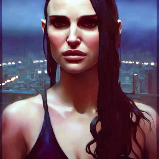 Prompt: closeup portrait of natalie portman from the movie leon the professional, hitman, city background, dramatic light, gorgeous view, depth, high detail, digital art, painted by greg rutkowski and seb mckinnon, by tim burton, trending on artstation