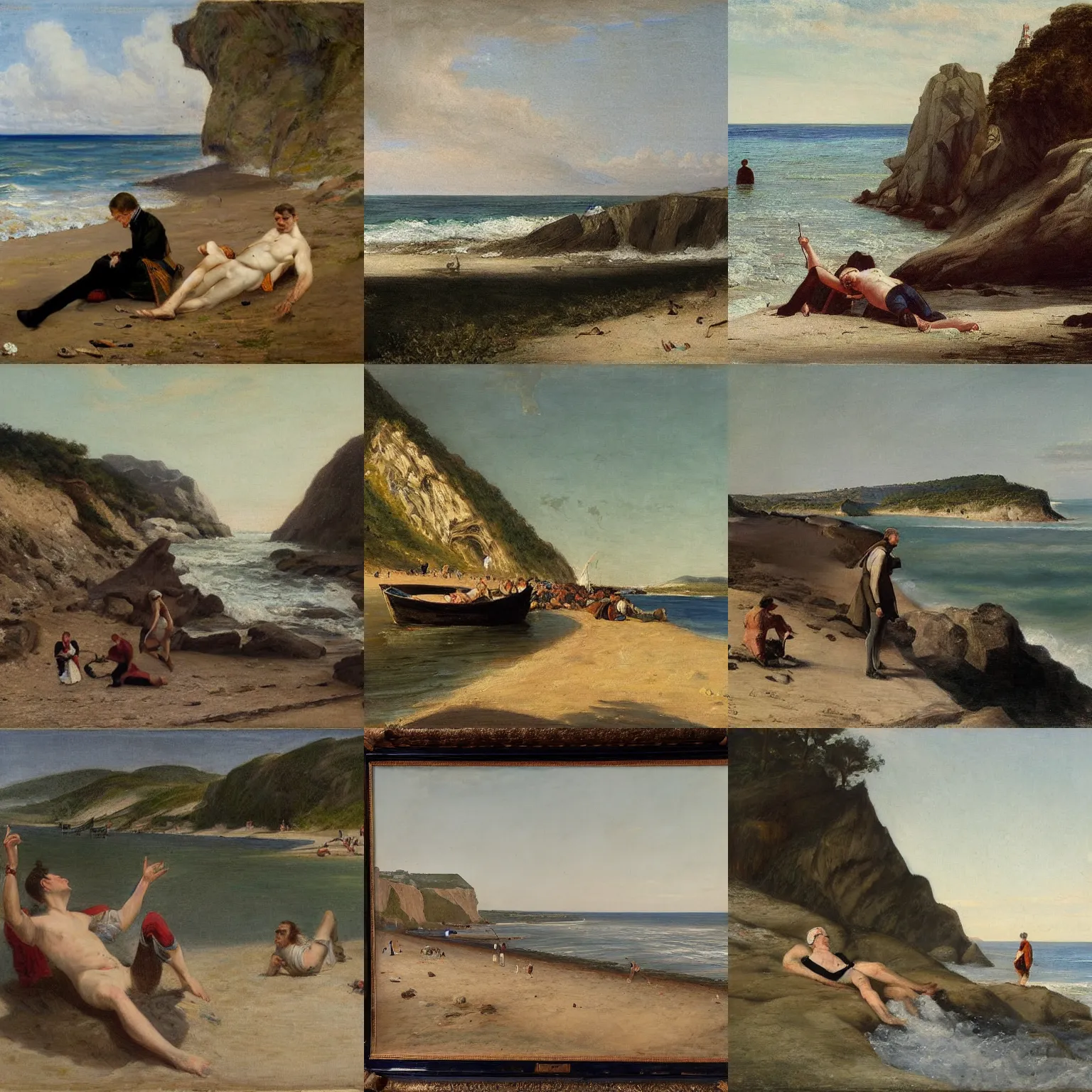 Prompt: The Man Who Fell On the Beach at La Roque, N.A.; James Charles; Realism; 1871