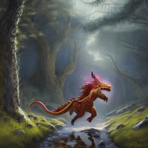 Image similar to a beautiful painting of a crystal dragonborn naruto running into the woods at twilight, by John Howe, by Mark Keathley, golden hour, artstation