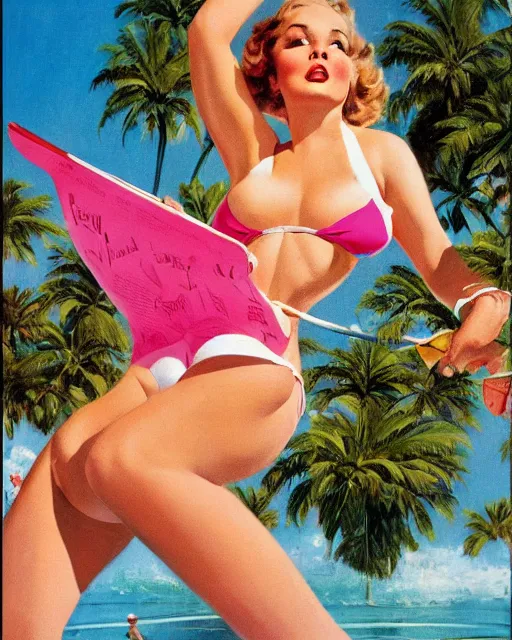 tuesday weld in a pink bikini lounging next to a palm