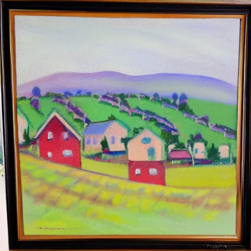 Image similar to new england houses among hills and fields, light pastel style painting