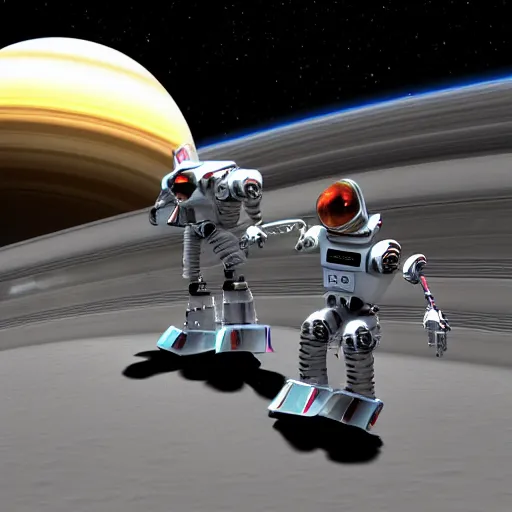 Image similar to 3 d rendered movie still pearlescent robot kitten robots in epic outer space battles and disco dance contests on saturn. science fiction, blockbuster movie, dystopian future, computer - animated science fiction film, imax 7 0 mm, 4 k